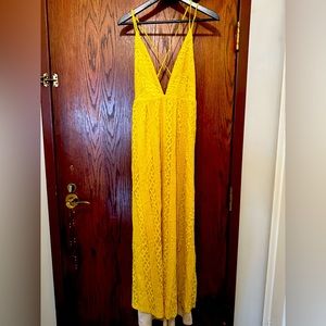 Bright yellow womens lace dress iwth criss cross strap detailing size S/M